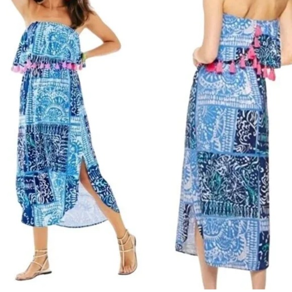 Lilly Pulitzer Dresses & Skirts - Lilly Pulitzer Blue Patterned Maxi Dress with Hot Pink Tassels